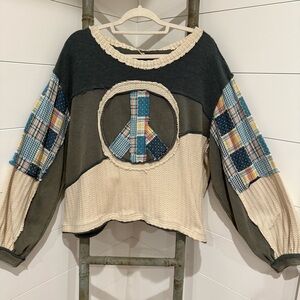NEW POL Multicolor Patchwork Peace Sign waffle knit top